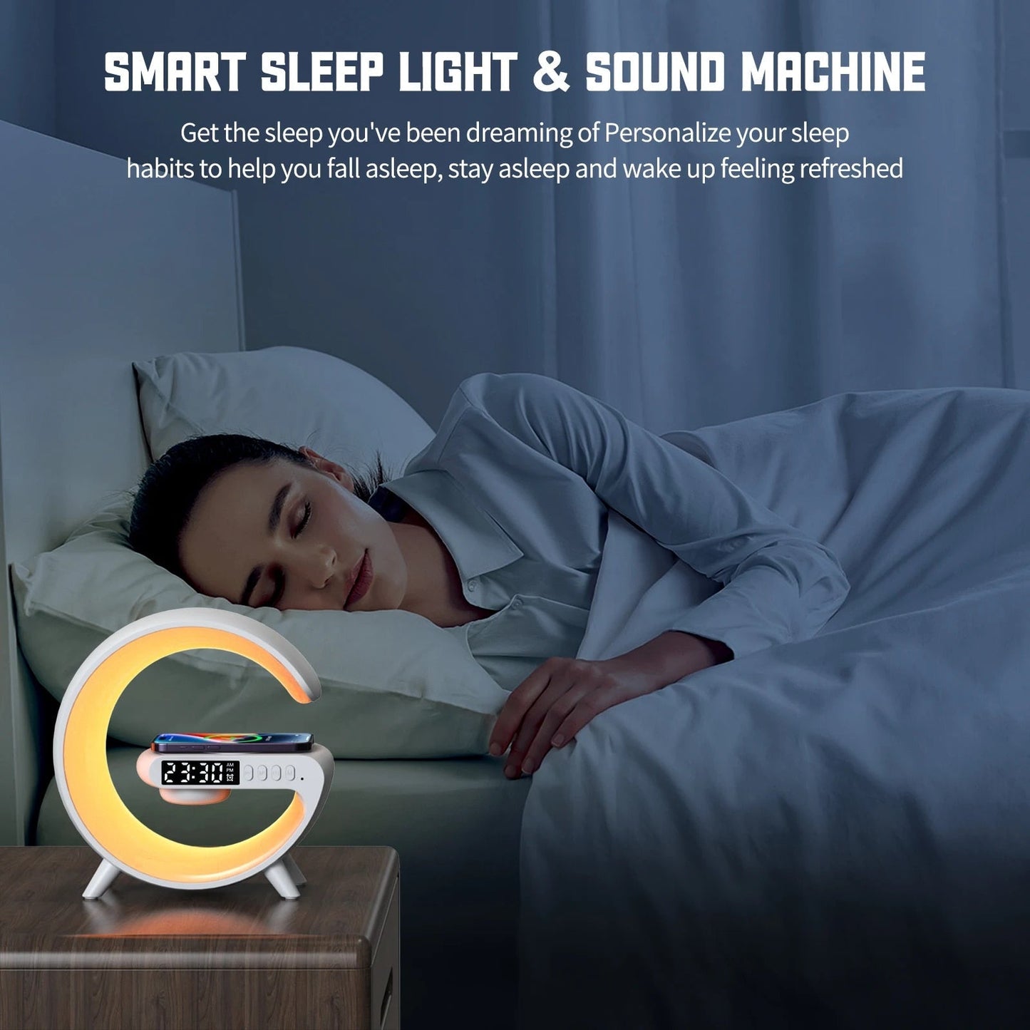 G-Shaped 3 in 1 Wireless Charger + Speaker + Clock
