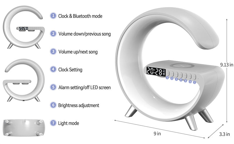 G-Shaped 3 in 1 Wireless Charger + Speaker + Clock