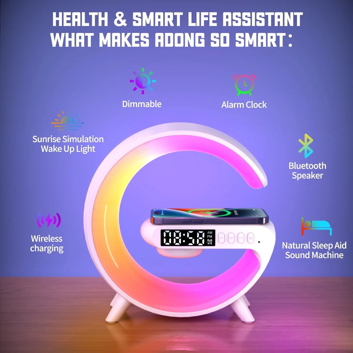 G-Shaped 3 in 1 Wireless Charger + Speaker + Clock